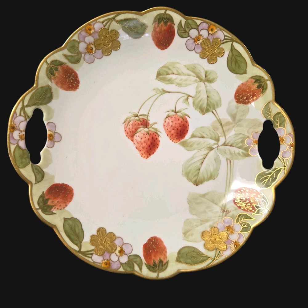 Limoges Hand Painted Serving Bowl Strawberries Scalloped Edge Open Handles 10.5"